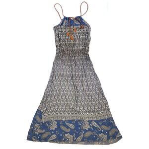 Halter Maxi Dress Brown Leather Straps & Drawstring Sz S Gray Blue Paisley Flora
